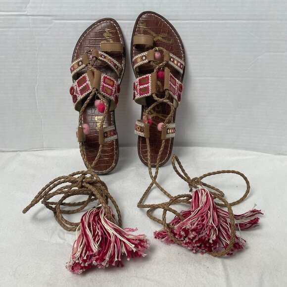 Sam Edelman Gretchen Boho Gladiator Tassel and Pompom Ankle Wrap Sandals - Picture 3 of 13